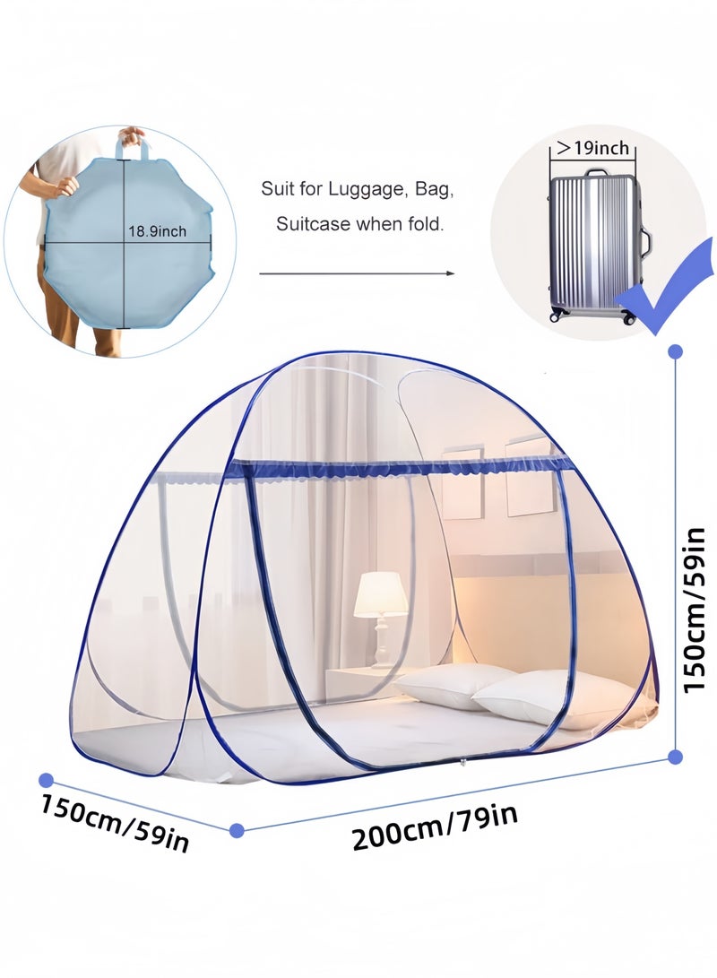 GGEROU Mosquito Net,Yurt Mosquito Net,Portable Mosquito Net,Pop Up Bed Net Tent with Bottom,Folding Design Bed Canopy,Double Door Zip Portable Tent(Blue 150*200*150cm) - Image 3
