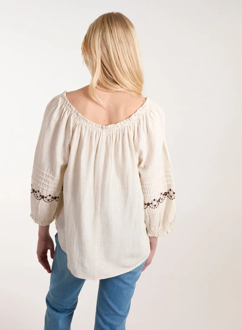 Blue Vanilla Embroidered Pleat Sleeve Top