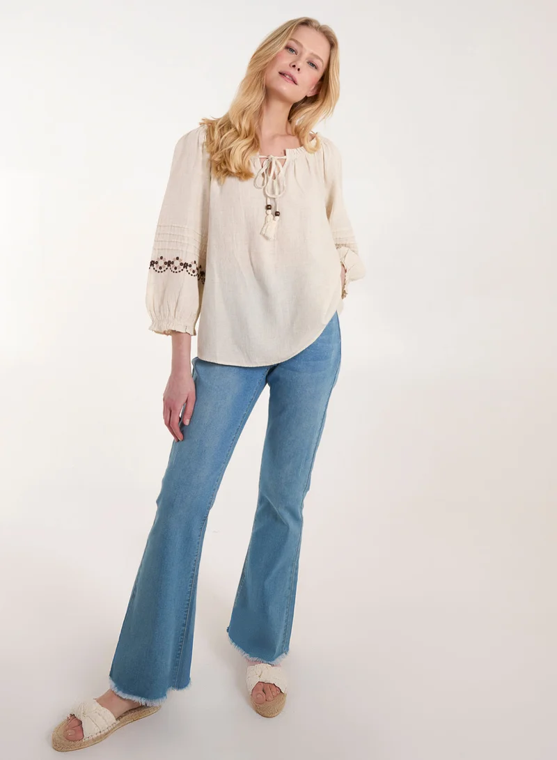 Blue Vanilla Embroidered Pleat Sleeve Top