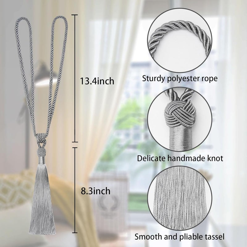 NICEEC 2 Pack Long Tassel Curtain Tiebacks Handmade Braided Rope Knot Drape Tie Backs European Style Decorative Curtain Holdbacks for Home & Office Window Drapery (Grey) - Image 3