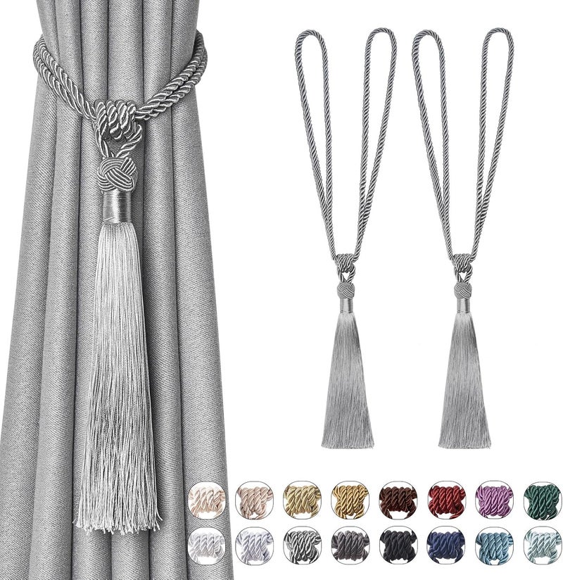 NICEEC 2 Pack Long Tassel Curtain Tiebacks Handmade Braided Rope Knot Drape Tie Backs European Style Decorative Curtain Holdbacks for Home & Office Window Drapery (Grey) - Image 1