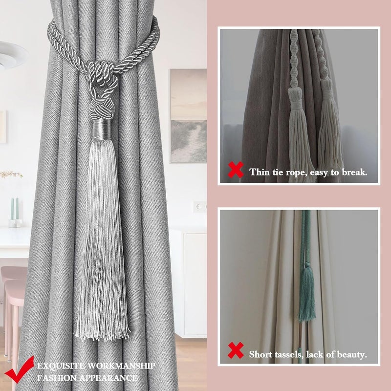 NICEEC 2 Pack Long Tassel Curtain Tiebacks Handmade Braided Rope Knot Drape Tie Backs European Style Decorative Curtain Holdbacks for Home & Office Window Drapery (Grey) - Image 2