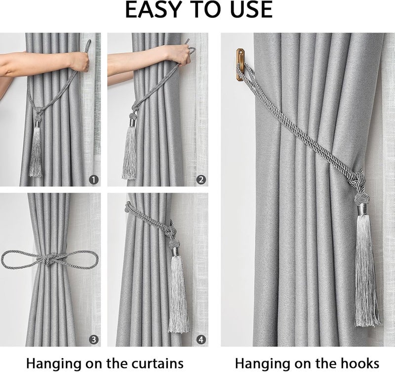 NICEEC 2 Pack Long Tassel Curtain Tiebacks Handmade Braided Rope Knot Drape Tie Backs European Style Decorative Curtain Holdbacks for Home & Office Window Drapery (Grey) - Image 5