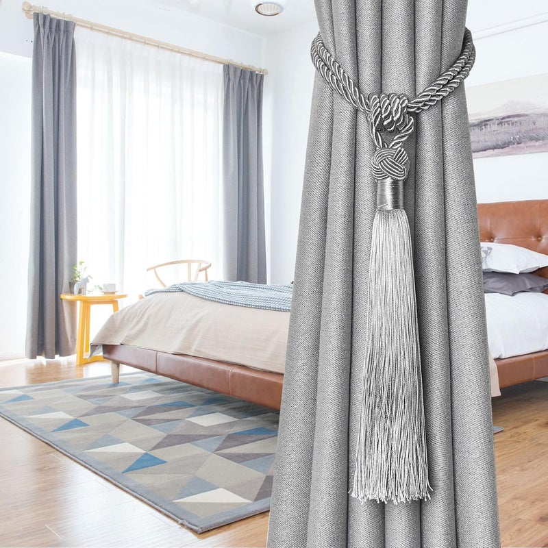 NICEEC 2 Pack Long Tassel Curtain Tiebacks Handmade Braided Rope Knot Drape Tie Backs European Style Decorative Curtain Holdbacks for Home & Office Window Drapery (Grey) - Image 4