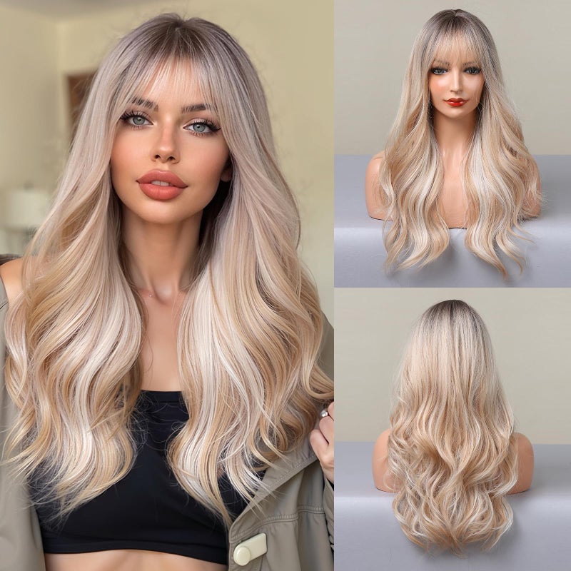 Esmee Long Wavy Ombre Blonde Wigs with Bangs for Women Natural Synthetic Hair Heat Resistant Ombre Wigs with Dark Roots for Daily Party Cosplay Use-24 Inches - Image 3