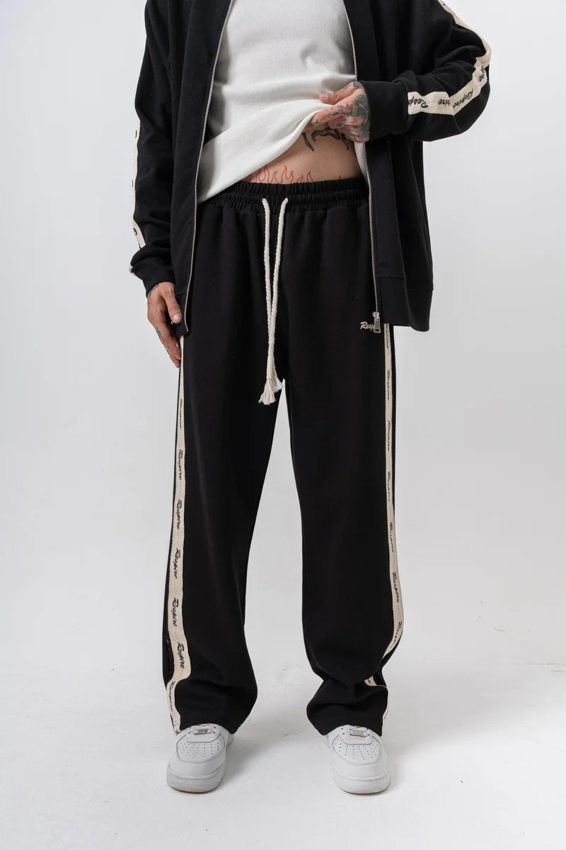 ريسباير بنطلون رياضي رجالي شتوي مزدوج الوجه مخطط فضفاض أسود