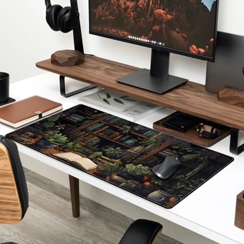 YKJWW Desk Mat Green Bonsai Library Book Mouse Pad Big Vintage Aesthetic Desk Pad Flower Plant Extended Mouse Pad Large Gaming Mousepad XXL Keyboard Mouse Mat Desktop Mat Office Desk 31.5 X 11.8 in - Image 3