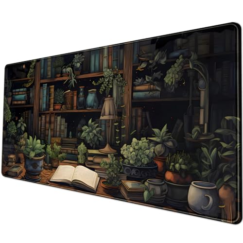 YKJWW Desk Mat Green Bonsai Library Book Mouse Pad Big Vintage Aesthetic Desk Pad Flower Plant Extended Mouse Pad Large Gaming Mousepad XXL Keyboard Mouse Mat Desktop Mat Office Desk 31.5 X 11.8 in - Image 1