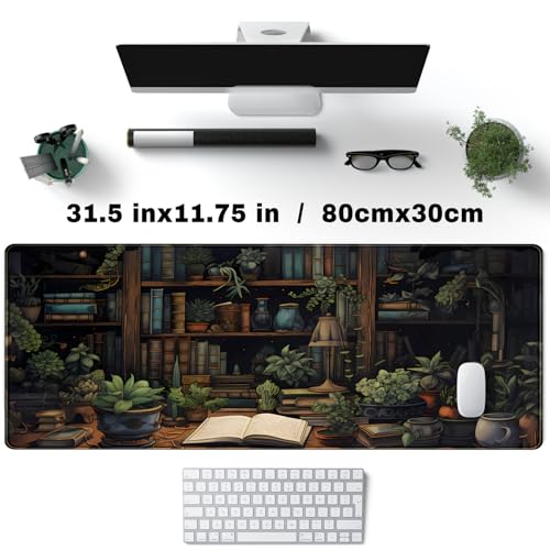 YKJWW Desk Mat Green Bonsai Library Book Mouse Pad Big Vintage Aesthetic Desk Pad Flower Plant Extended Mouse Pad Large Gaming Mousepad XXL Keyboard Mouse Mat Desktop Mat Office Desk 31.5 X 11.8 in - Image 4