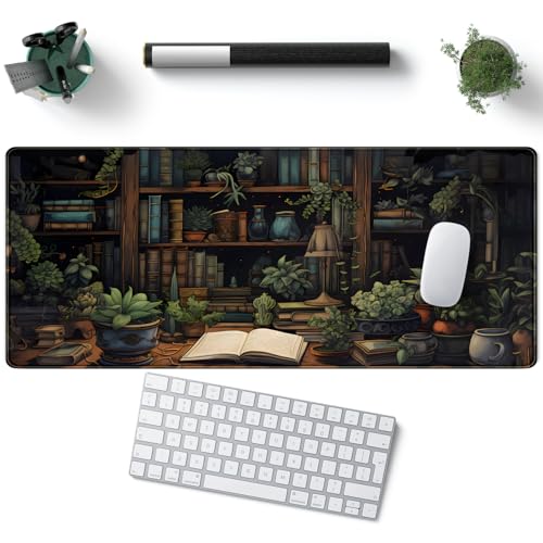 YKJWW Desk Mat Green Bonsai Library Book Mouse Pad Big Vintage Aesthetic Desk Pad Flower Plant Extended Mouse Pad Large Gaming Mousepad XXL Keyboard Mouse Mat Desktop Mat Office Desk 31.5 X 11.8 in - Image 5