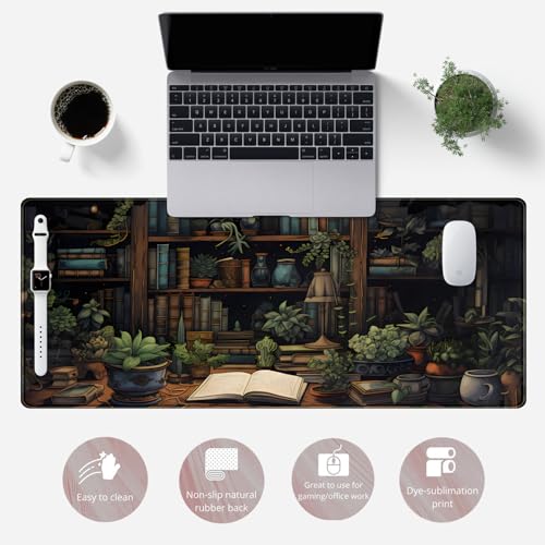 YKJWW Desk Mat Green Bonsai Library Book Mouse Pad Big Vintage Aesthetic Desk Pad Flower Plant Extended Mouse Pad Large Gaming Mousepad XXL Keyboard Mouse Mat Desktop Mat Office Desk 31.5 X 11.8 in - Image 2