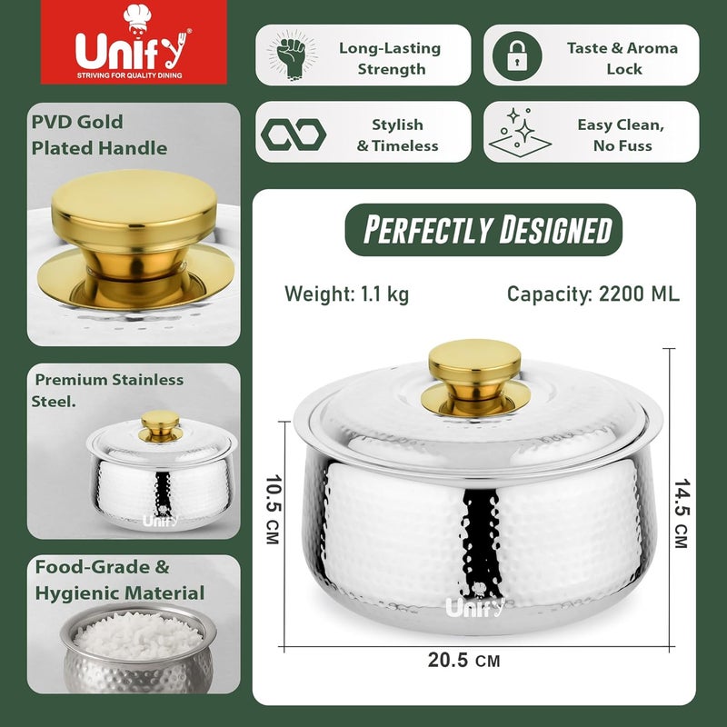 Unify Inox Stainless Steel Insulated Casserole Hot Pot 1600 ML with PVD Gold Plated Handle | Hammered Finish Roti Server & Chapati Box | Food-Grade BPA Free | Keeps Food Fresh (Silver) - Image 2