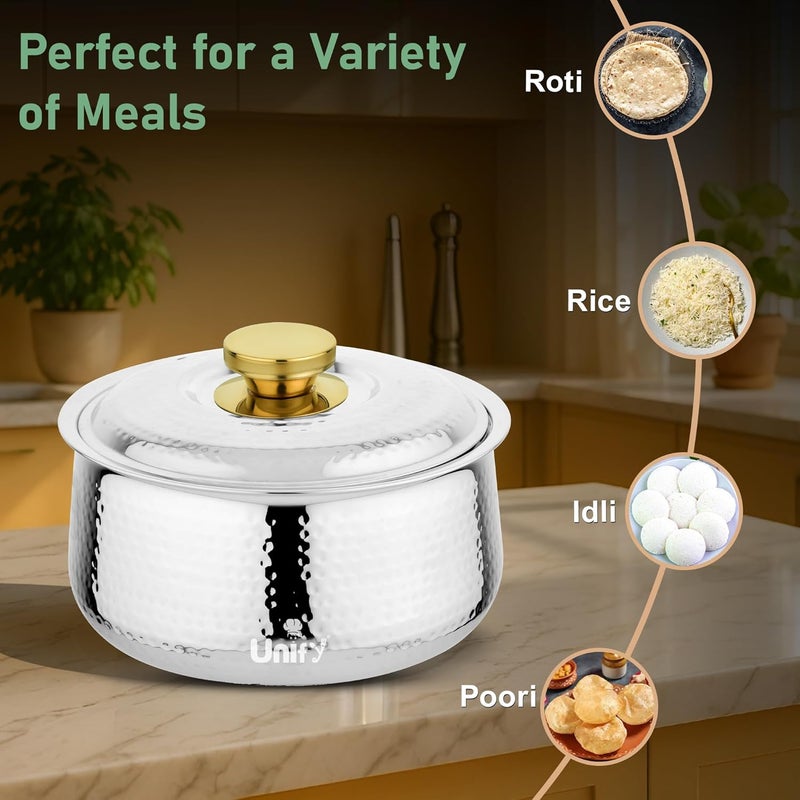 Unify Inox Stainless Steel Insulated Casserole Hot Pot 1600 ML with PVD Gold Plated Handle | Hammered Finish Roti Server & Chapati Box | Food-Grade BPA Free | Keeps Food Fresh (Silver) - Image 4