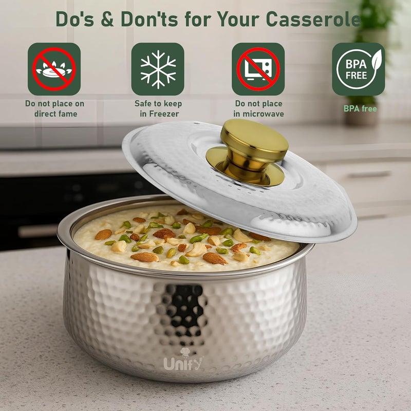 Unify Inox Stainless Steel Insulated Casserole Hot Pot 1600 ML with PVD Gold Plated Handle | Hammered Finish Roti Server & Chapati Box | Food-Grade BPA Free | Keeps Food Fresh (Silver) - Image 5