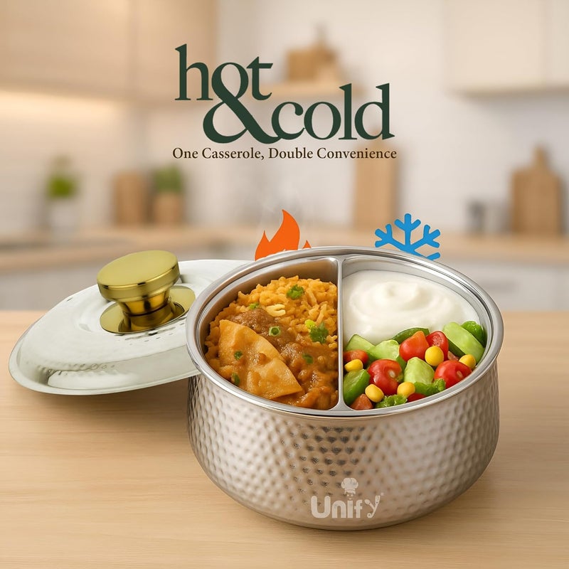Unify Inox Stainless Steel Insulated Casserole Hot Pot 1600 ML with PVD Gold Plated Handle | Hammered Finish Roti Server & Chapati Box | Food-Grade BPA Free | Keeps Food Fresh (Silver) - Image 3