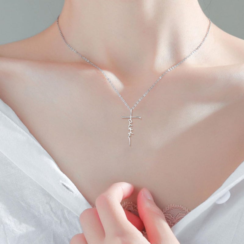 PRAYMOS Faith Cross Necklace for Women 925 Sterling Silver Silver Necklace for Women Christian Religious Confirmation Baptism Gifts - Image 2