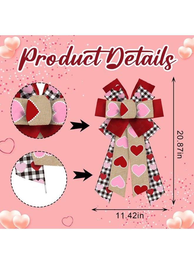 Heureppy Large Valentine's Day Wreath Bows Valentines Pink Red Love Hearts Plaids Burlap Fabric Bows for Wreath Valentines Decor Ribbon Bows for Valentine's Day Party Wedding Indoor Outdoor Decoration Supplies - Image 2