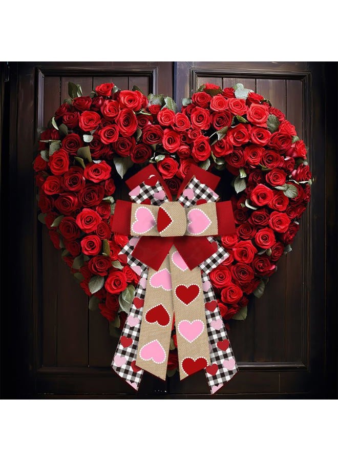 Heureppy Large Valentine's Day Wreath Bows Valentines Pink Red Love Hearts Plaids Burlap Fabric Bows for Wreath Valentines Decor Ribbon Bows for Valentine's Day Party Wedding Indoor Outdoor Decoration Supplies - Image 4