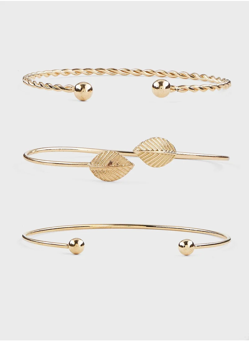 ELLA 3 Pack Leaf And Twisted Detail Bangle Set