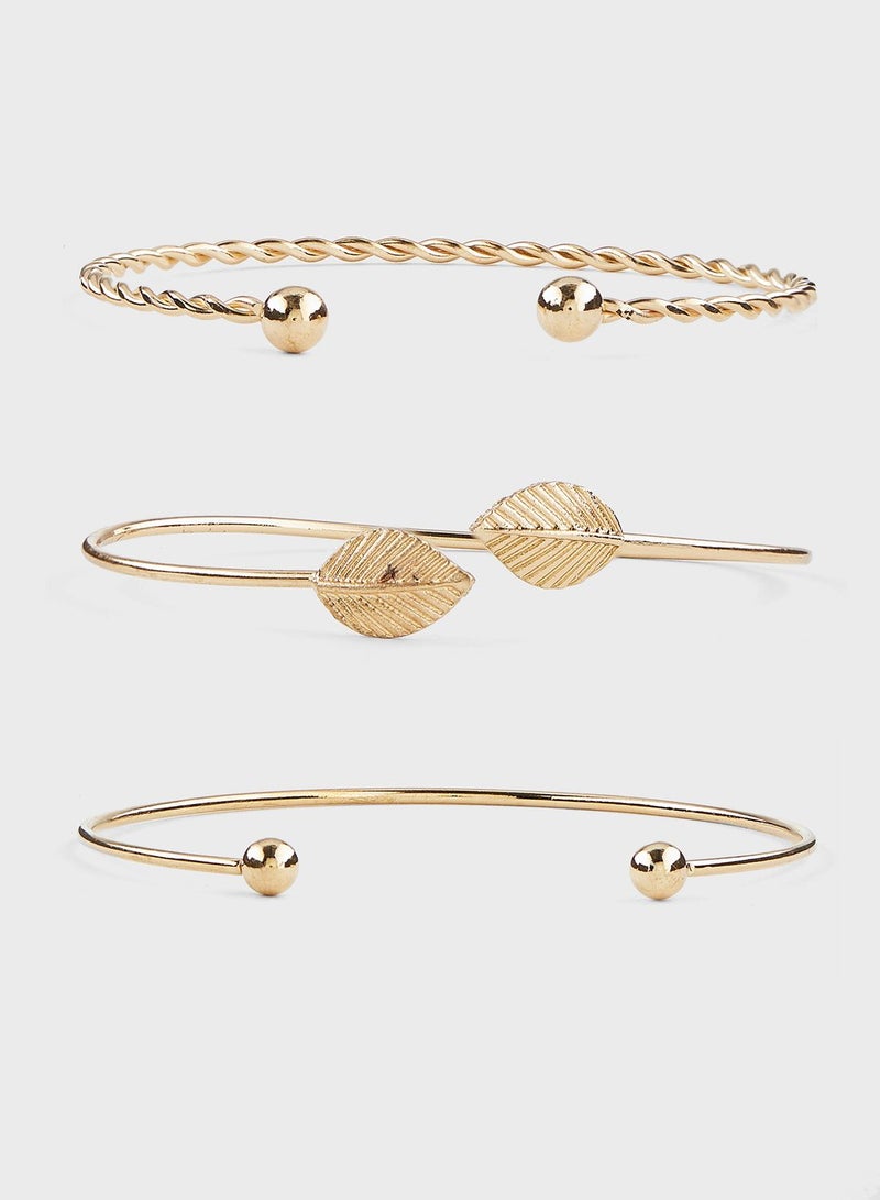 ELLA 3 Pack Leaf And Twisted Detail Bangle Set - Image 1