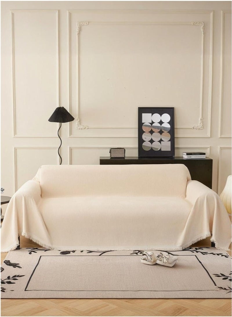 كيلا غطاء أريكة مضاد للتجاعيد بتغطية كاملة - تفاصيل رائعة مع حواف مزينة بالشراشيب، مقاوم للماء والغبار ومضاد لخدش القطط ومضاد للانزلاق ومرن ومقاوم للضغط، من قماش جاكار مخملي، لون كريمي، 180*180 سم - Image 2