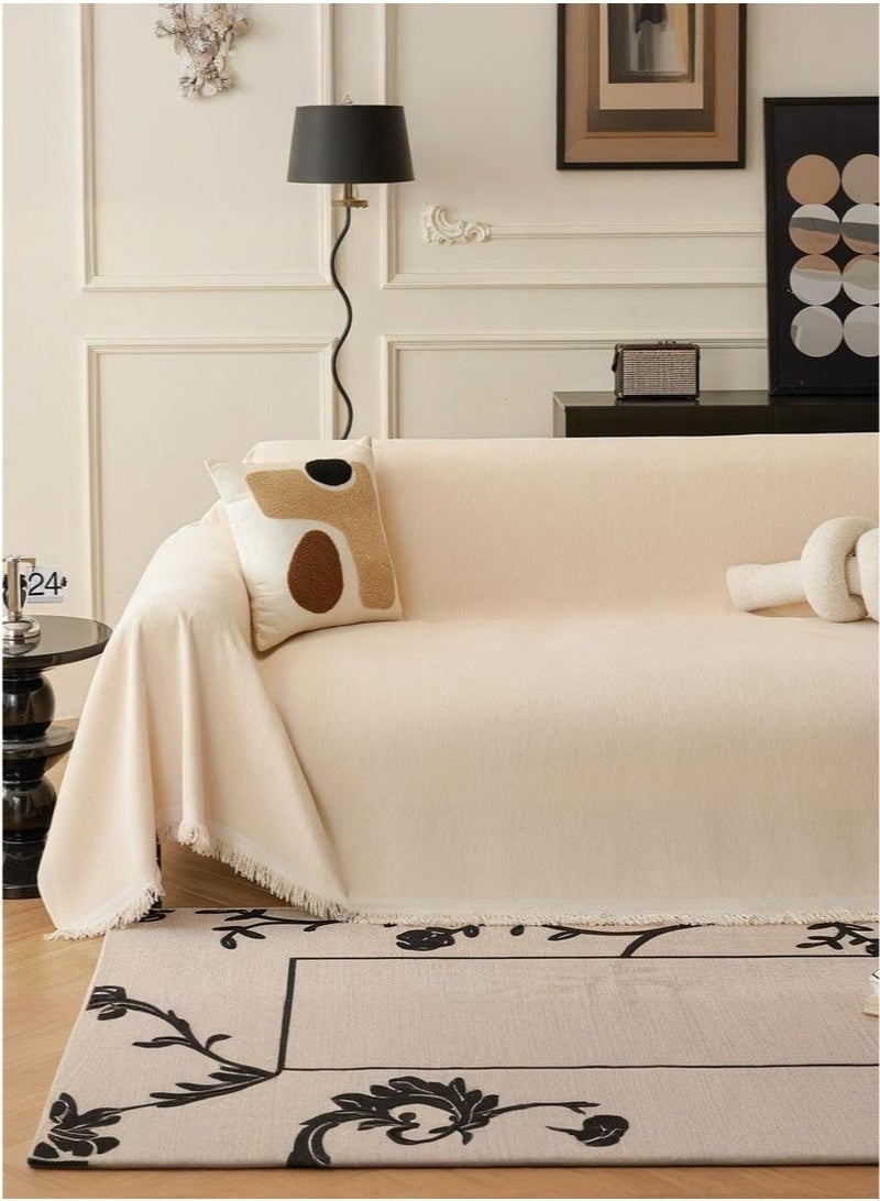 كيلا غطاء أريكة مضاد للتجاعيد بتغطية كاملة - تفاصيل رائعة مع حواف مزينة بالشراشيب، مقاوم للماء والغبار ومضاد لخدش القطط ومضاد للانزلاق ومرن ومقاوم للضغط، من قماش جاكار مخملي، لون كريمي، 180*180 سم - Image 5