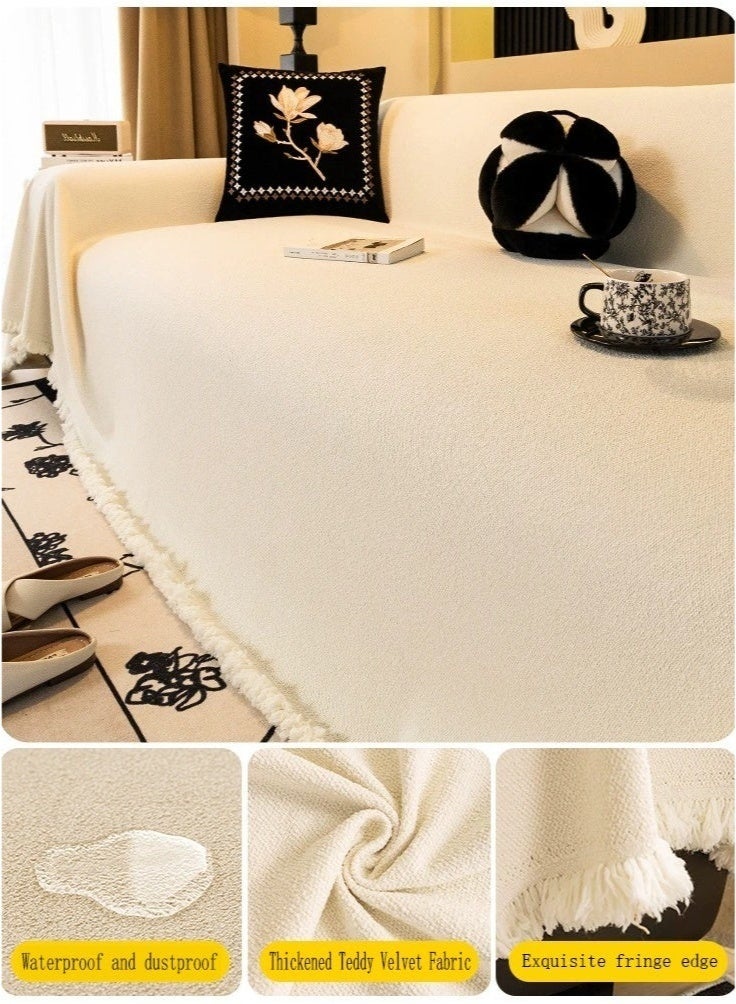 كيلا غطاء أريكة مضاد للتجاعيد بتغطية كاملة - تفاصيل رائعة مع حواف مزينة بالشراشيب، مقاوم للماء والغبار ومضاد لخدش القطط ومضاد للانزلاق ومرن ومقاوم للضغط، من قماش جاكار مخملي، لون كريمي، 180*180 سم - Image 1