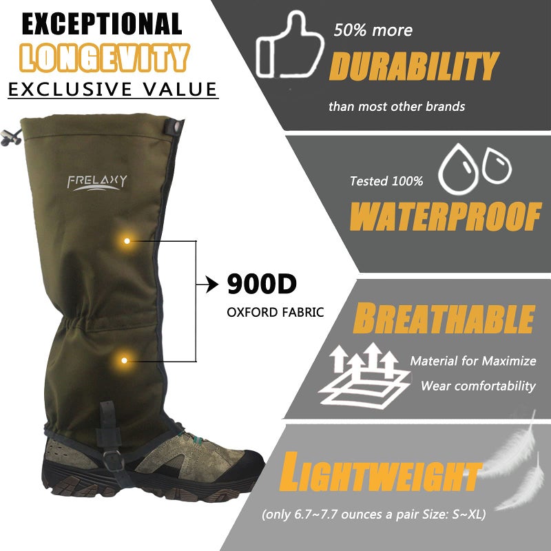 Frelaxy Frelaxy Leg Gaiters 100% Waterproof Hiking Gaiters, Hunting Gaiters with Upgraded Rubber Foot Strap, Adjustable Snow Boot Gaiters for Skiing Motorcycle Snowshoeing (Olive Green, XL) - Image 2