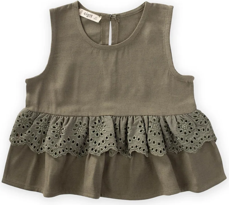 Cigit Waist Tambur Lace Linen Blouse 2-7 Years Khaki Green