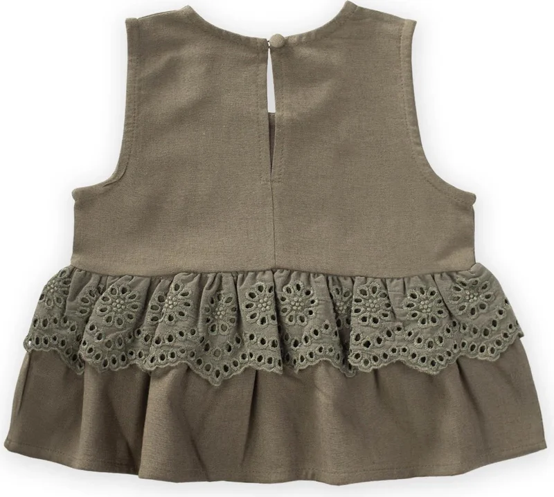 Cigit Waist Tambur Lace Linen Blouse 2-7 Years Khaki Green