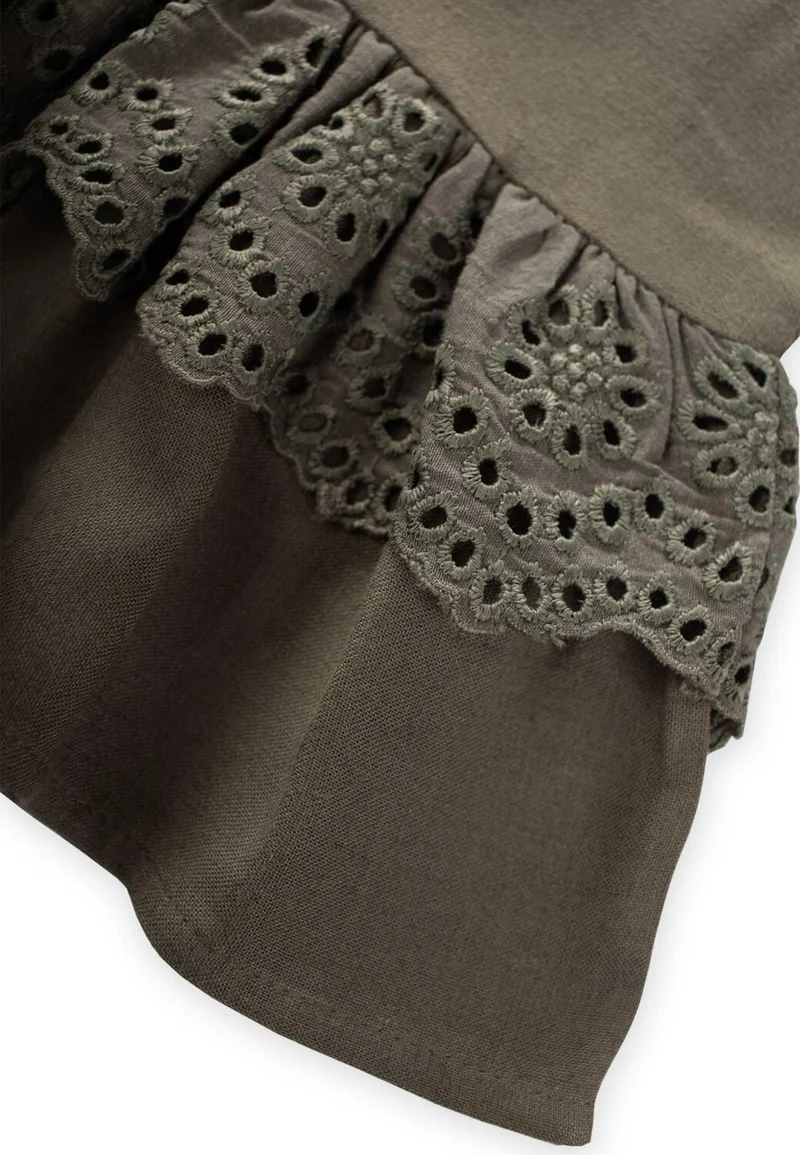 Cigit Waist Tambur Lace Linen Blouse 2-7 Years Khaki Green