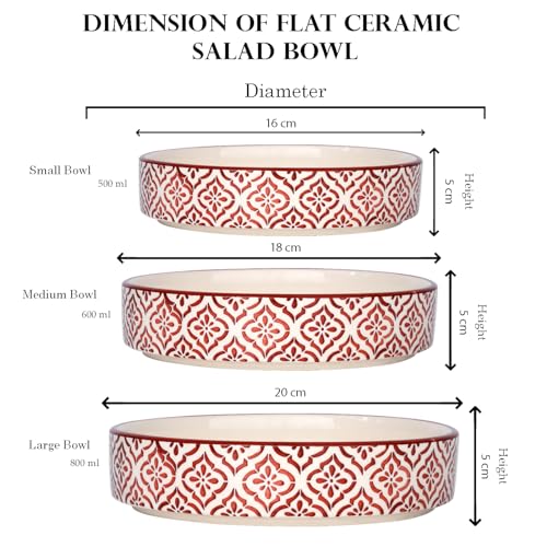 SEPARATE WAY Ceramic Bowls – Set of 3 Flat & Deep Serving Bowls (800ml, 600ml, 500ml) | Moroccan Red Multicolor Finish | Ideal for Pasta, Salad, Snacks & More | Multipurpose Serving Bowl Ceramic Set - Image 5