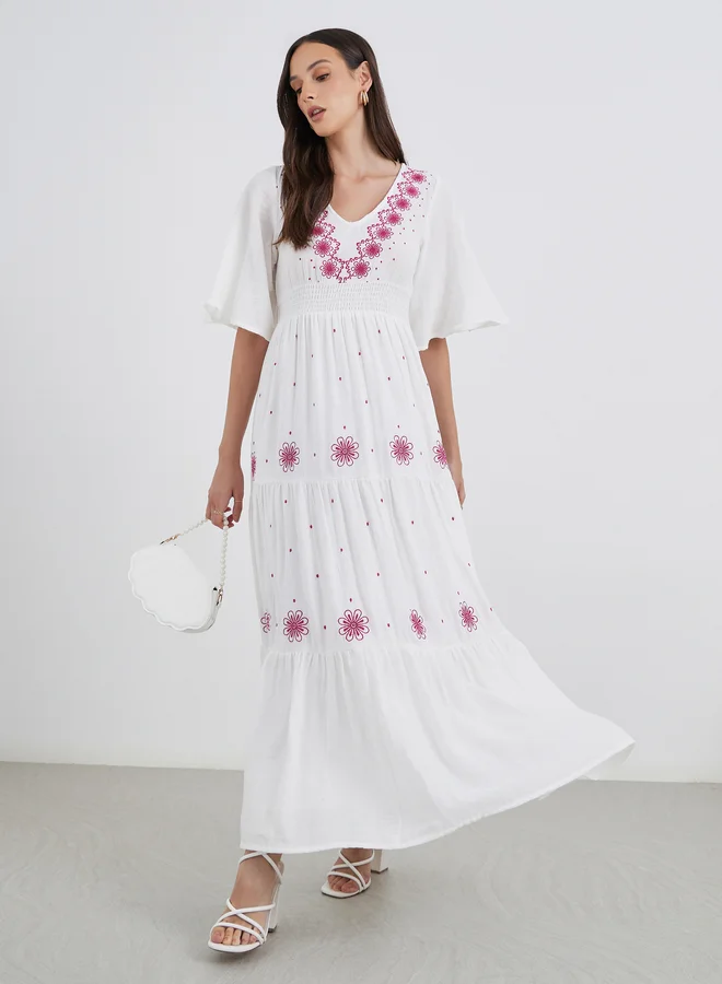 Styli Styli Embroidered Bell Sleeves Tiered Maxi Dress