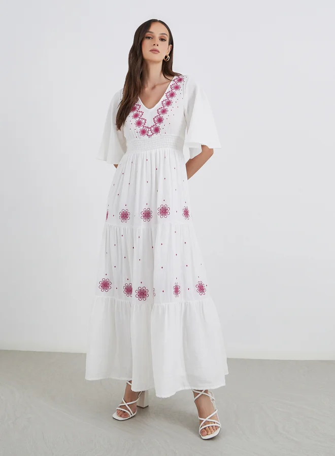 Styli Styli Embroidered Bell Sleeves Tiered Maxi Dress