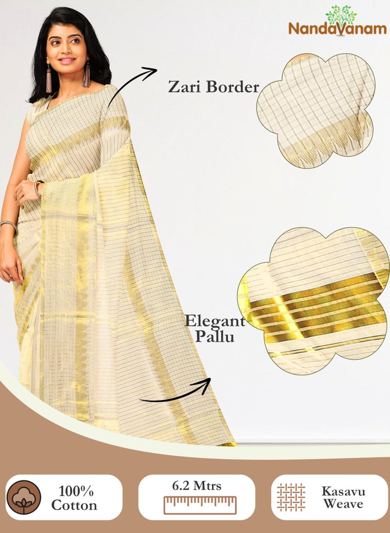 NandaVanam Women's Kerala Cotton Kasavu Saree | Kasuvu Sarees | Onam Cotton Saree | Kerala Plain Kasuvu Tissue Saree - With Blouse (5Line) - Image 2