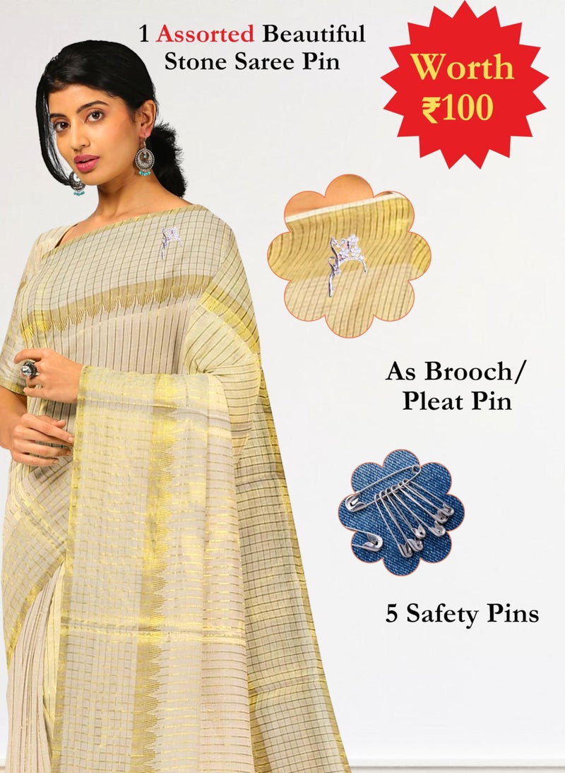 NandaVanam Women's Kerala Cotton Kasavu Saree | Kasuvu Sarees | Onam Cotton Saree | Kerala Plain Kasuvu Tissue Saree - With Blouse (5Line) - Image 3