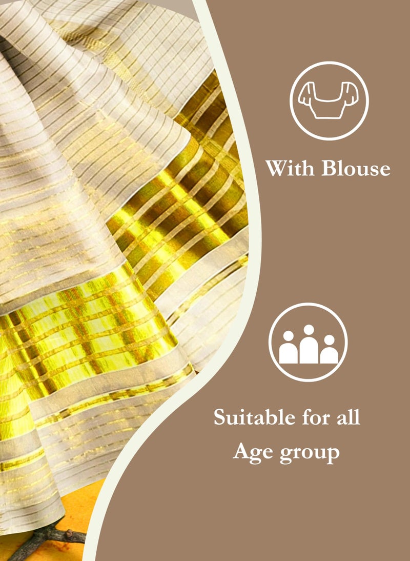 NandaVanam Women's Kerala Cotton Kasavu Saree | Kasuvu Sarees | Onam Cotton Saree | Kerala Plain Kasuvu Tissue Saree - With Blouse (5Line) - Image 5