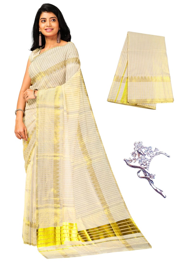 NandaVanam Women's Kerala Cotton Kasavu Saree | Kasuvu Sarees | Onam Cotton Saree | Kerala Plain Kasuvu Tissue Saree - With Blouse (5Line) - Image 1