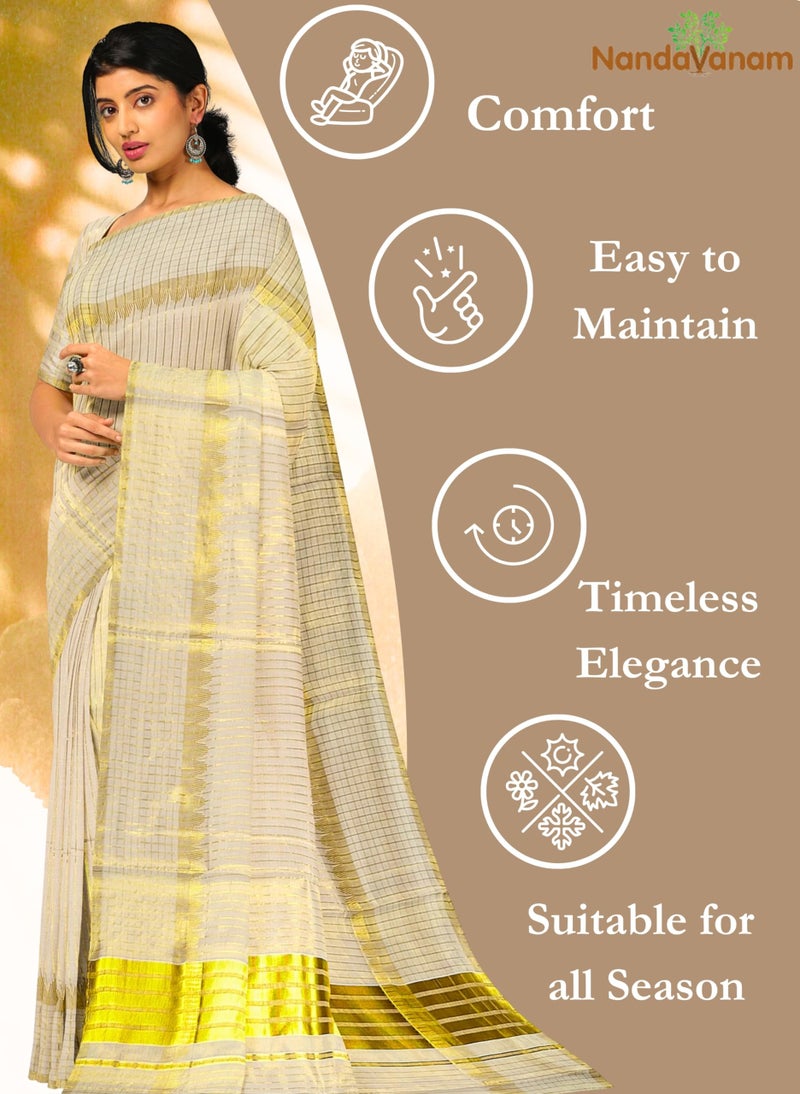 NandaVanam Women's Kerala Cotton Kasavu Saree | Kasuvu Sarees | Onam Cotton Saree | Kerala Plain Kasuvu Tissue Saree - With Blouse (5Line) - Image 4