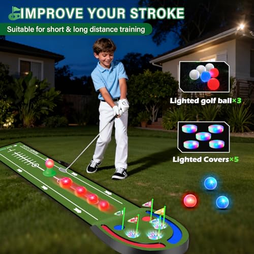 VATOS Upgraded Golf Putting Mat Indoor for kids Golf Game Set with LED Balls Glow Cups Irons Putters Portable Putting Green Outdoor for Home Backyard Office Party Golfing Gifts for Kids Adults - Image 5