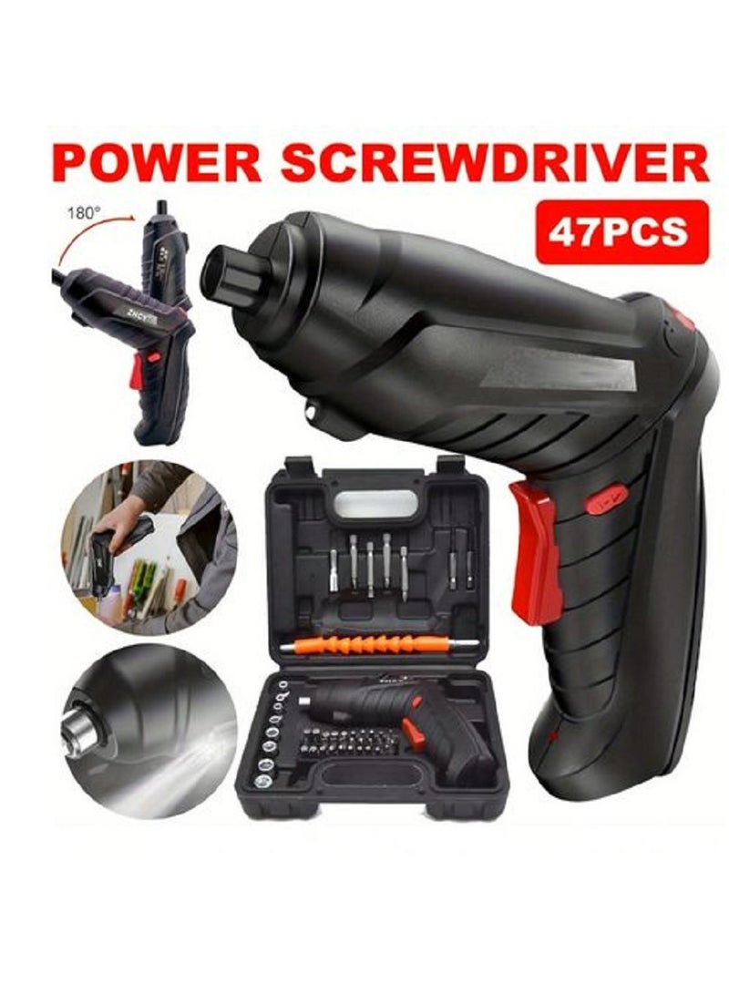 Cordless Electric Drill - Rechargeable Cordless Electric Screwdriver with 47-Piece Accessories - Rotary Tools with Multi-Purpose Electric Drill Driver for Home Use, LED Light, and Carrying Case - Ideal for DIY, Home Repair, and Woodworking Projects - Image 1