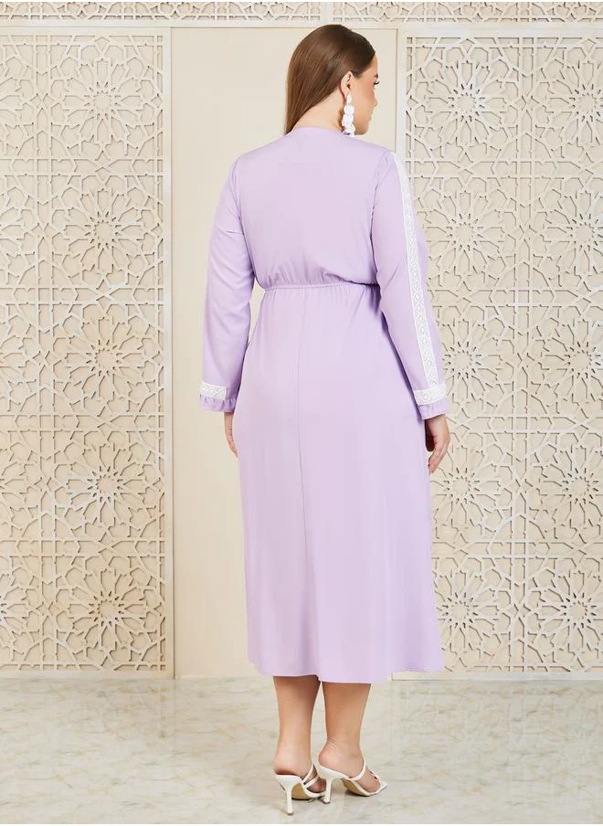Styli Lace Detail Tie Up Neck A-Line Midi Dress