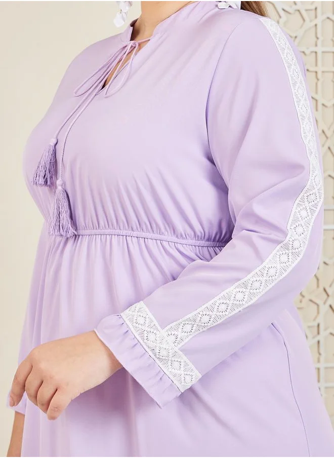 Styli Lace Detail Tie Up Neck A-Line Midi Dress