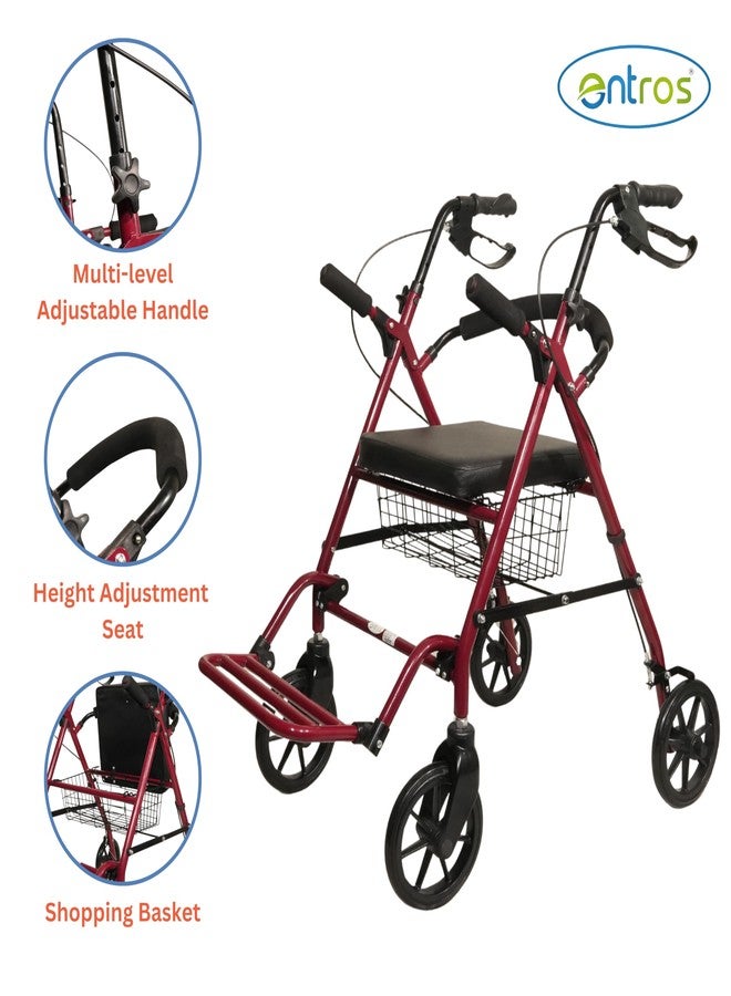 Entros Premium Aluminum Lightweight Foldable Height Adjustable Rollator Walker With Seat and Wheel | CE & ISO Certified | Ideal for Senior Citizen, Old People & Handicap | SC5001. - Image 2