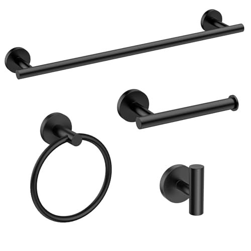 USHOWER Matte Black Bathroom Hardware Set, Modern 24-Inch Towel Bar Set Wall Mounted, Durable SUS304 Stainless Steel Bathroom Accessories Set, 4-Piece - Image 1