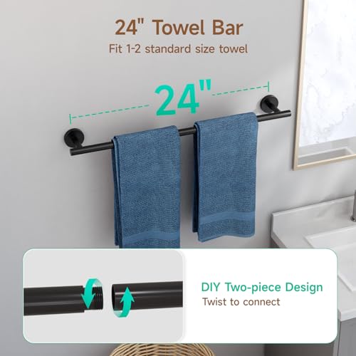 USHOWER Matte Black Bathroom Hardware Set, Modern 24-Inch Towel Bar Set Wall Mounted, Durable SUS304 Stainless Steel Bathroom Accessories Set, 4-Piece - Image 3