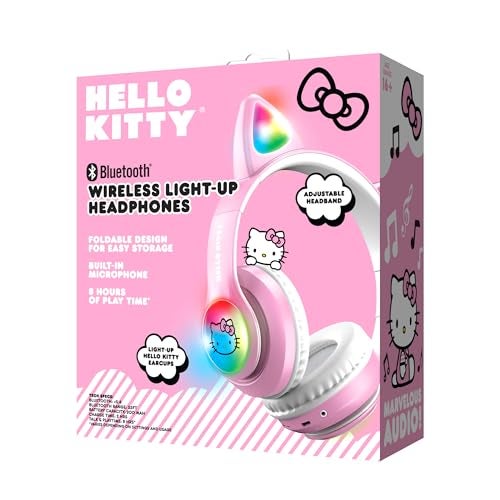 Hello Kitty سماعات هالو كيتي اللاسلكية بتقنية البلوتوث مع ميكروفون مدمج، تصميم قابل للطي، رأس قابل للتعديل، 8 ساعات من وقت التشغيل، أكواب أذن LED كيتي، للأطفال والبالغين (وردي) - Image 4