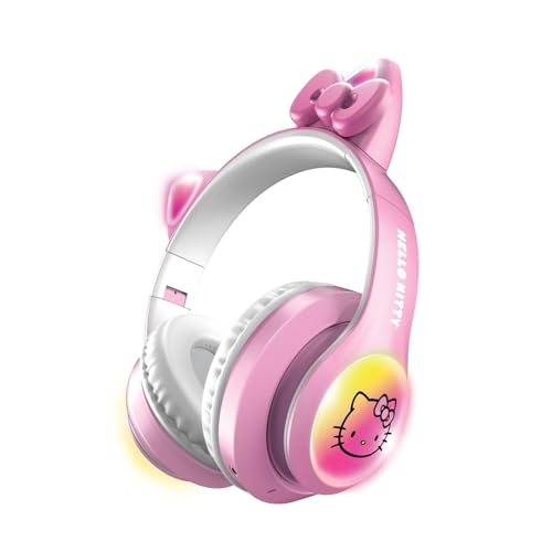 Hello Kitty سماعات هالو كيتي اللاسلكية بتقنية البلوتوث مع ميكروفون مدمج، تصميم قابل للطي، رأس قابل للتعديل، 8 ساعات من وقت التشغيل، أكواب أذن LED كيتي، للأطفال والبالغين (وردي) - Image 1