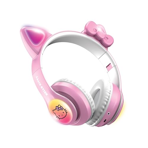Hello Kitty سماعات هالو كيتي اللاسلكية بتقنية البلوتوث مع ميكروفون مدمج، تصميم قابل للطي، رأس قابل للتعديل، 8 ساعات من وقت التشغيل، أكواب أذن LED كيتي، للأطفال والبالغين (وردي) - Image 2