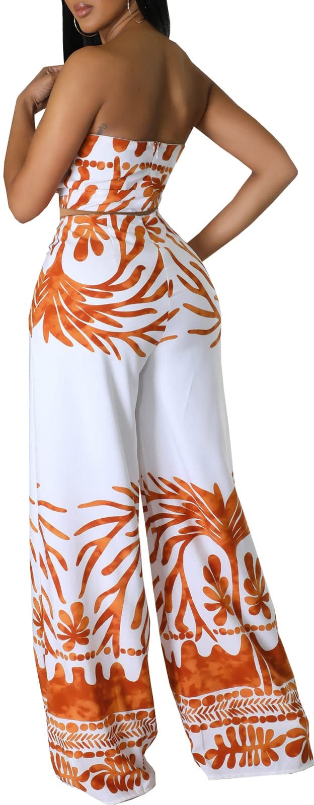 sexycherry Women's Sexy 2 Piece Swimwear Cover Ups Summer Elegant Sleeveless Tie Front Strapless Tube Crop Top with Bandage Tropical Print Straight Long Pants Sets Boho for Beach Party(Medium) Orange - Image 2